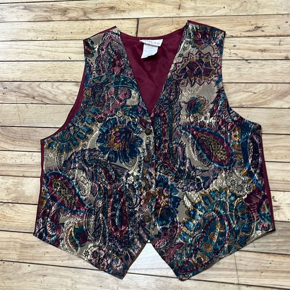 VINTAGE 90s ANXIOUS BY ANXIETY Paisley Dark Floral Vest Burgundy Gold Satin L